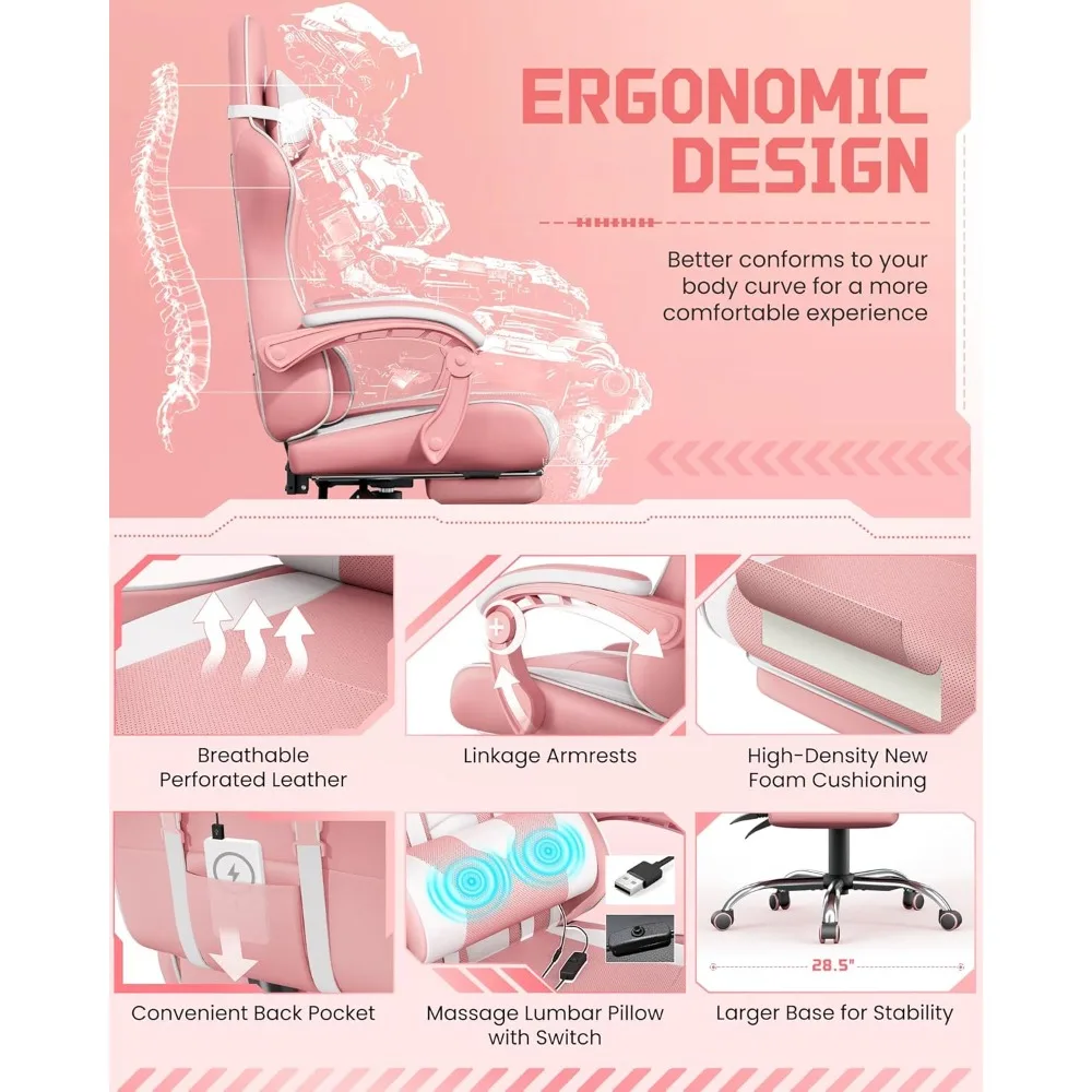 كرسي ألعاب فيديو مريح مع تدليك ودعم قطني ومسند قدم قابل للتعديل للارتفاع #3