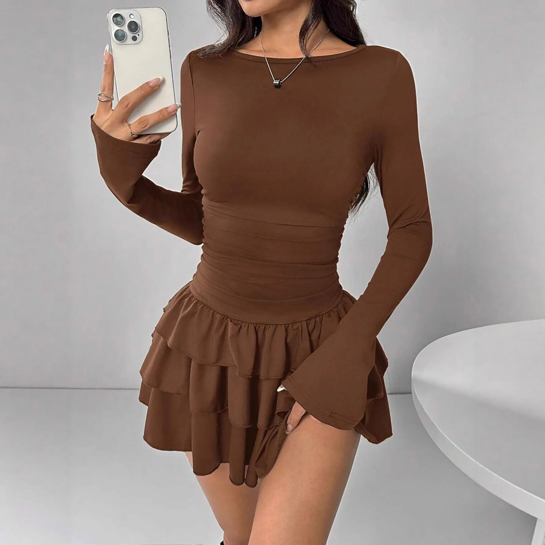 女性用ミニローブ、カスケードフリル付き、無地、スリム、エレガント、フレアスリーブ、ハイウエスト、セクシー、パーティードレス、M