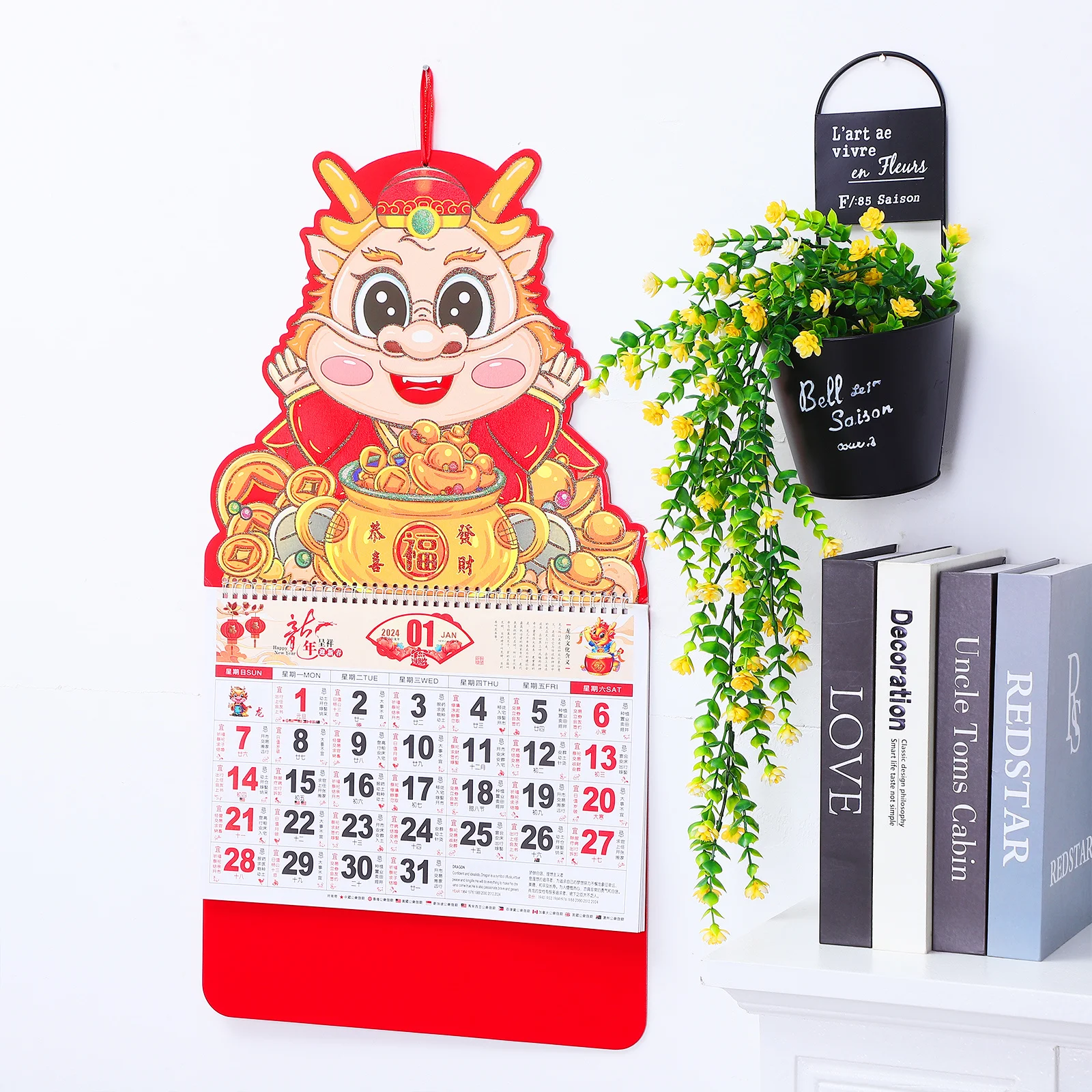 

1pcs Large Size Red Chinese New Year Calendar 2024 Hanging Wall Calendar For Home Office Decoration Year Festival
