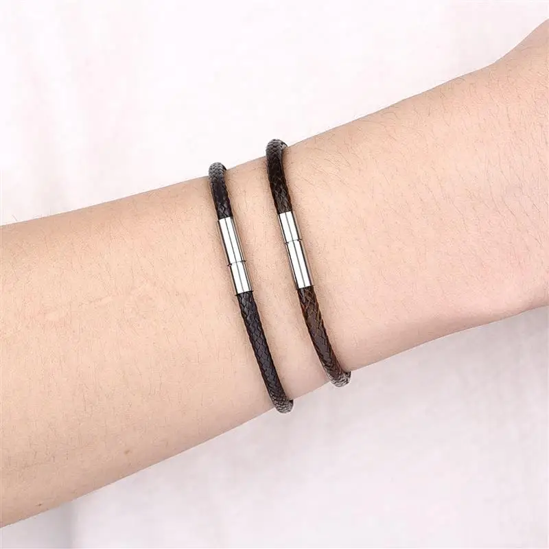 17/18.5/20.5/22cm Black Brown Braid Wax Cord Bracelet Stainless Steel Buckle Bracelet for Women Men Jewelry Fashion Accessory