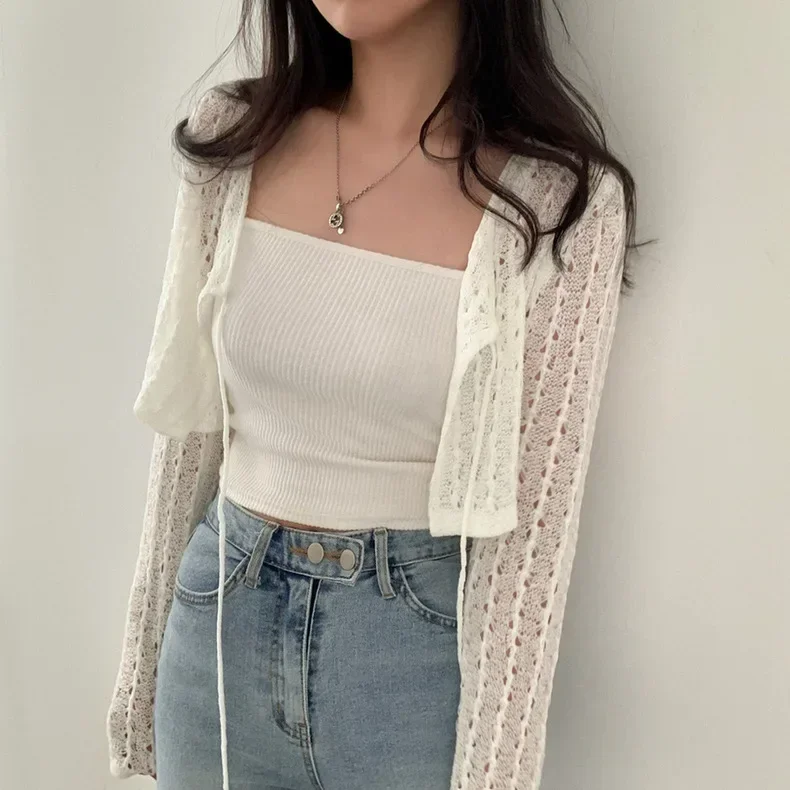 Women Tie Front Crop Cardigan Sheer Openwork Crochet Knit Top  Sweater Summer Boho Chic Beach Outfit