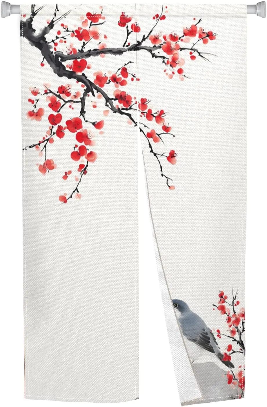 Chinese Ink Wash Red Plum Blossom Noren Curtain, Red Plum with Bird Print, Japanese Door Curtain for Home Entrance Study Decor