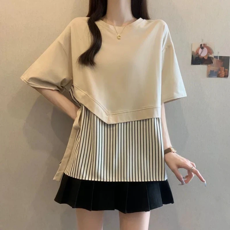 

Fake Two-piece Striped Contrast Patchwork Casual Tops Women Clothing Summer Short Sleeve Plus Size Korean T Shirts Fashion Trend