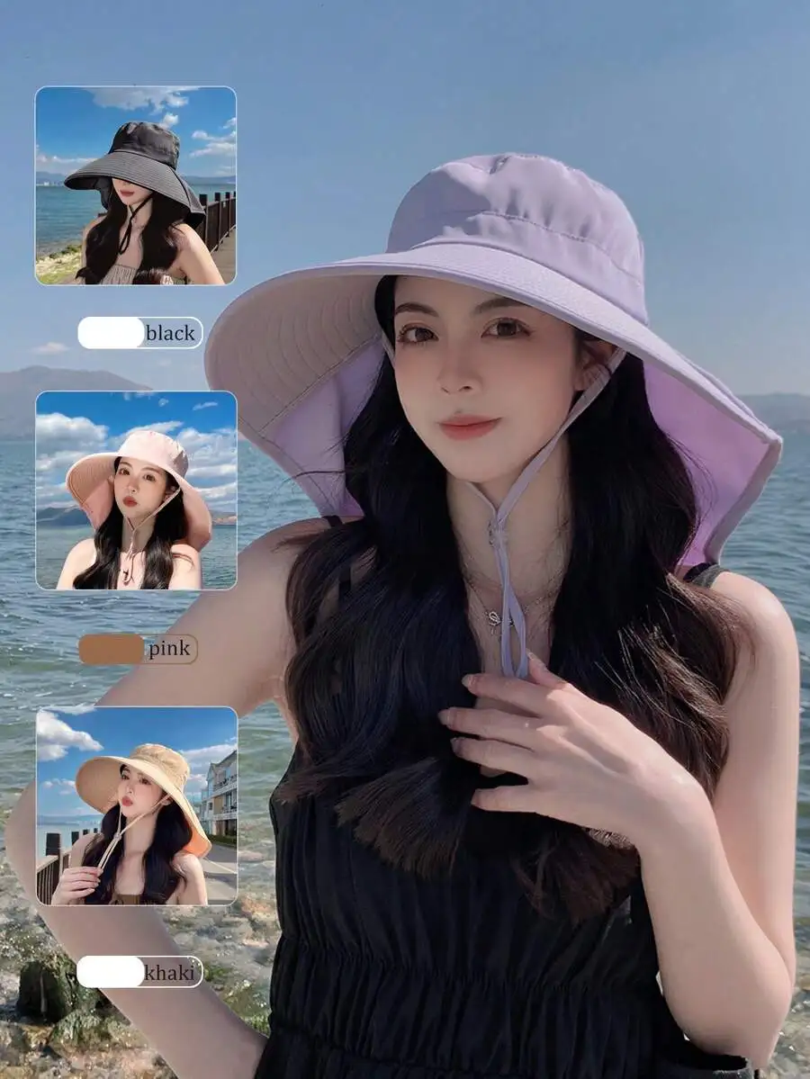 

Womens Wide Brim Sun Hat With Ponytail Hole UV Protection Korean Fashion Bucket Hat