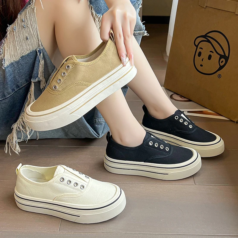 Woman Flat Shoes Outdoor Walking Casual Canvas Sneakers Fashion Jogging Sneakers Slip-on Woman Vulcanized Flat Casual Loafers