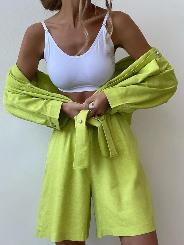 Summer Women\'s Suit Shirt and Short Sets Solid Color Casual Cotton and Linen Blouse and Shorts Two Piece Sets Women Outfit 2024