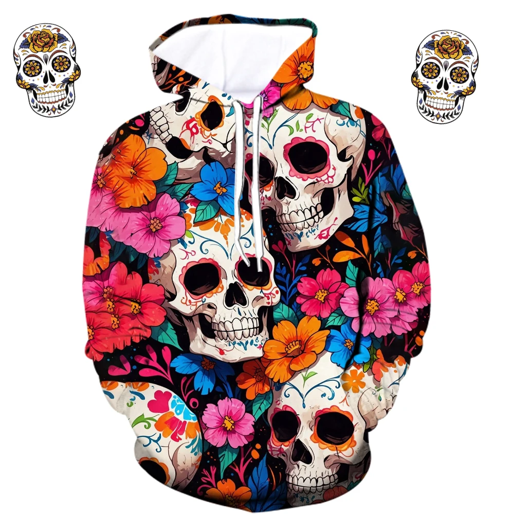 

Vintage Flower Skull Graphic Men's Hoodies 3D Print Halloween Pattern Cool Long Sleeve Clothes Autumn Winter Day of the Dead Top