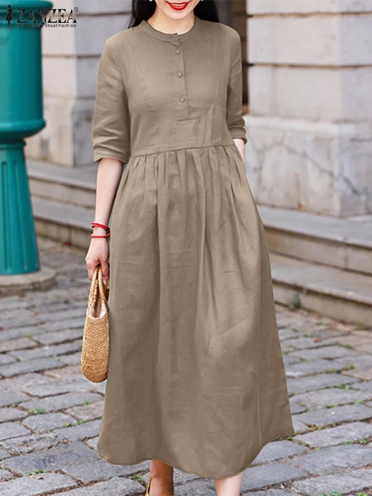 Zanzea-女性の半袖サンドレス、無地のプリーツAラインミディドレス、カジュアルなボタンアップローブ、エレガントなオールワークファッション、夏