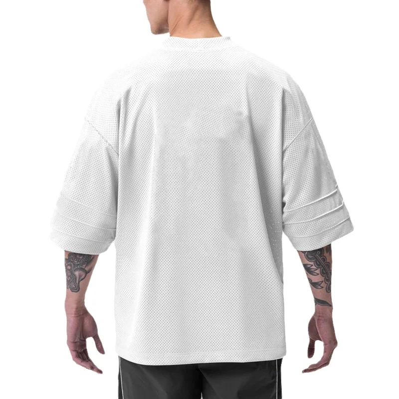 Mens Mesh Loose Oversized Fit Half Sleeve T-shirt with Dropped Shoulder Fitness T Shirt Summer V-neck Gym Bodybuilding Tops Tees