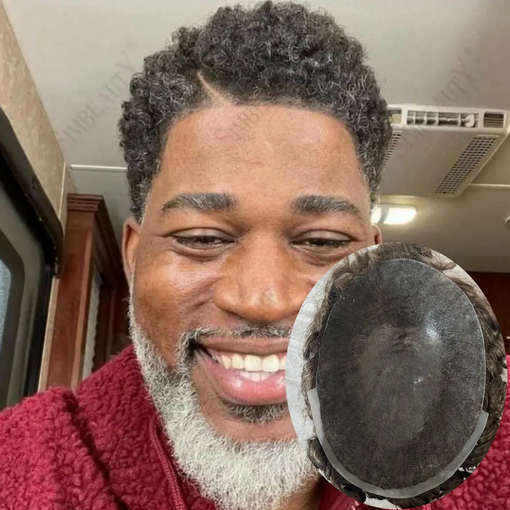 

6mm Wave Afro Human Hair Wigs for Men Thin Skin Curly Male Toupee 1b20 Grey Black Full PU 0.1mm Man's Wigs Capillary Prosthesis