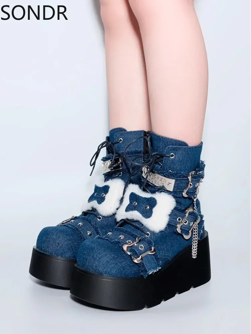 Womens Round Toe Platform Ankle Boots Wedge High Heel Metal Chain Creepers Japanese Harajuku Dark JK Shoes Warm Winter New 2024