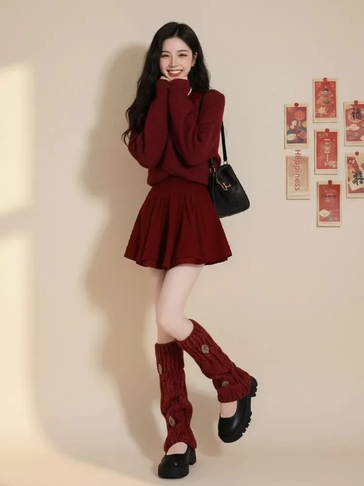 레드 크로스 디자인 니트 여성용 겨울 신년 의상 슬림 A라인 스커트 V넥 롱 슬리브 탑