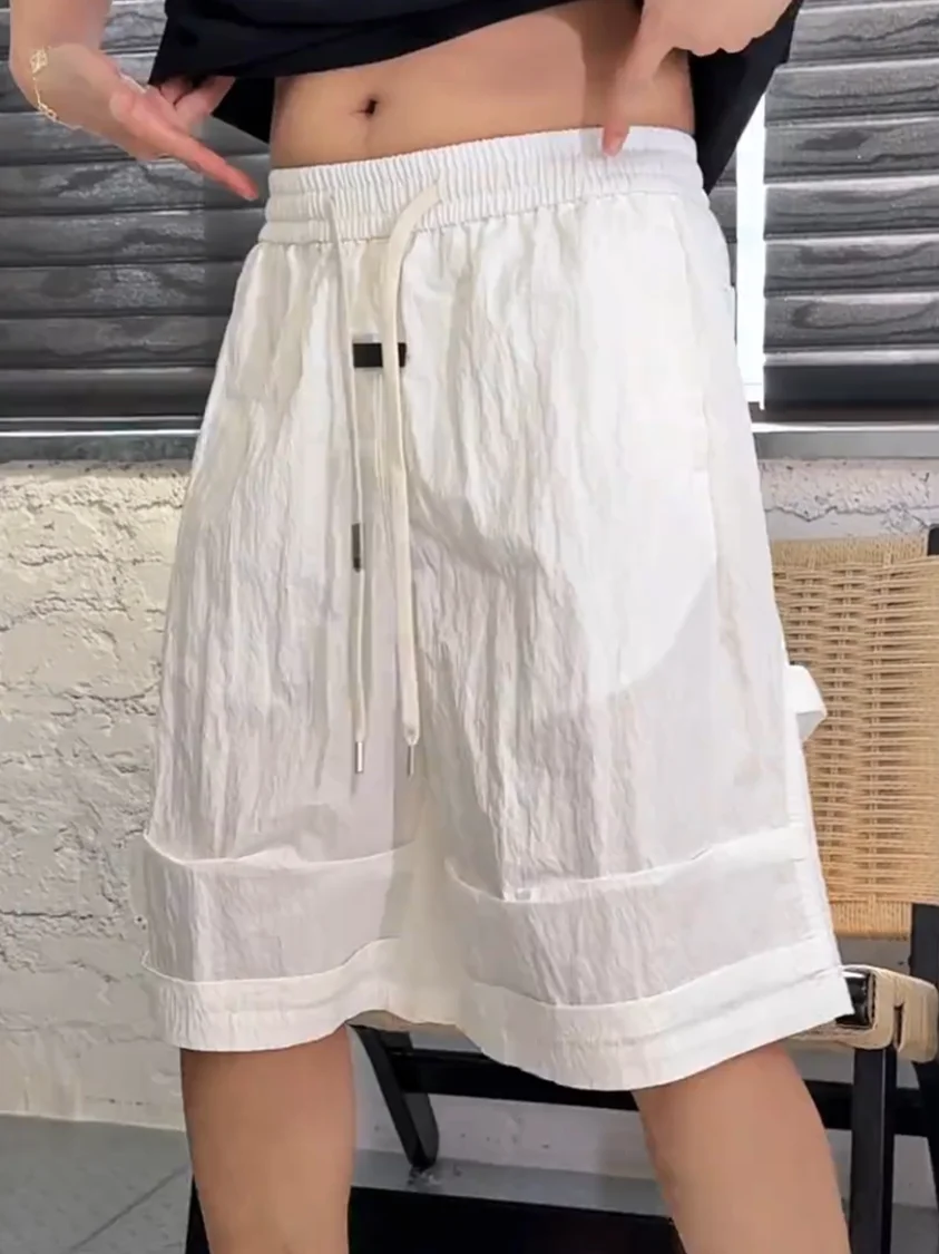 Men's Summer Fashion Pleated Textured Lightweight Breathable Wide Leg Five-Point Pants Quick Dry Casual Shorts Polyester Fiber