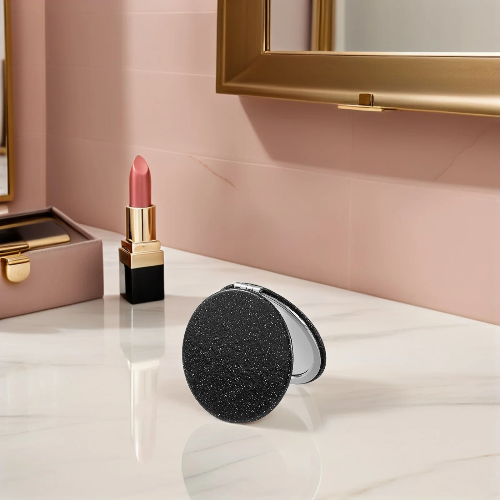 5 Stück tragbarer, zusammenklappbarer runder Make-up-Spiegel, glitzernd, doppelseitig, für Reisen, Zuhause, Büro, kleiner Kosmetikspiegel, Damen-Geldbörsenspiegel