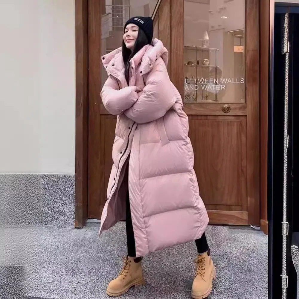 Über dem Knie Puffer jacke lange Parkas Winter Frauen Kleidung Jacke warme dicke Baumwolle gepolsterte Jacke Langarm Schnee anzug Kapuze