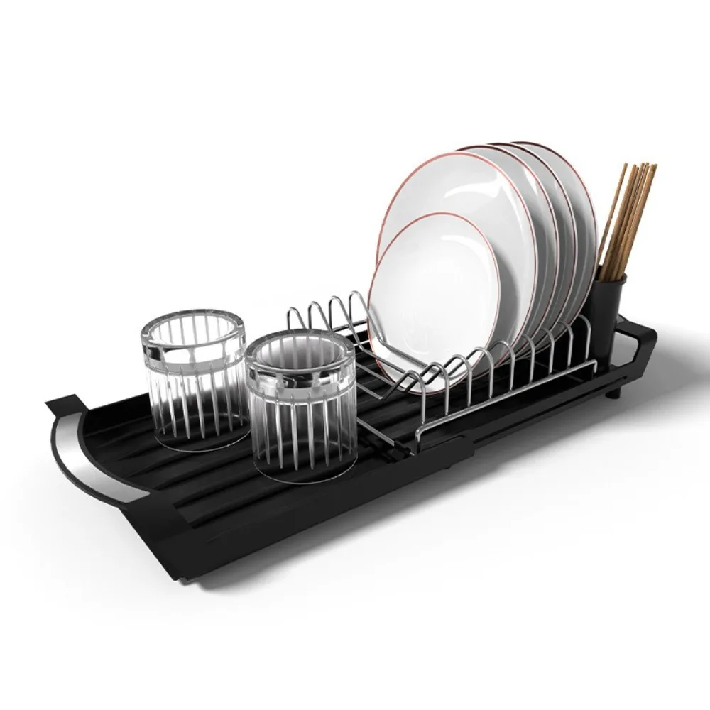 

Раздвижная сушилка для посуды с поддоном для слива воды, экономит место, большая вместимость, полый дизайн, органайзер для столовых приборов, держатель для кухонной утвари