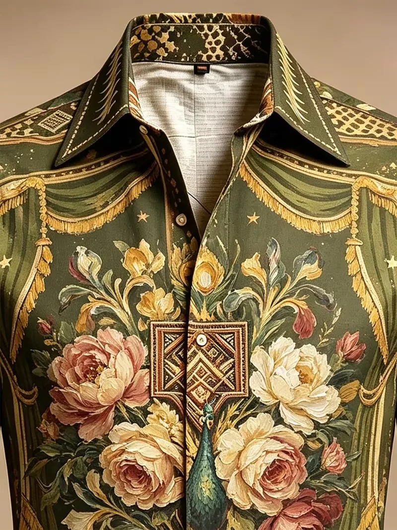 New dark green gold framed vase flower oil painting style long sleeved shirt retro court men's party shirt
