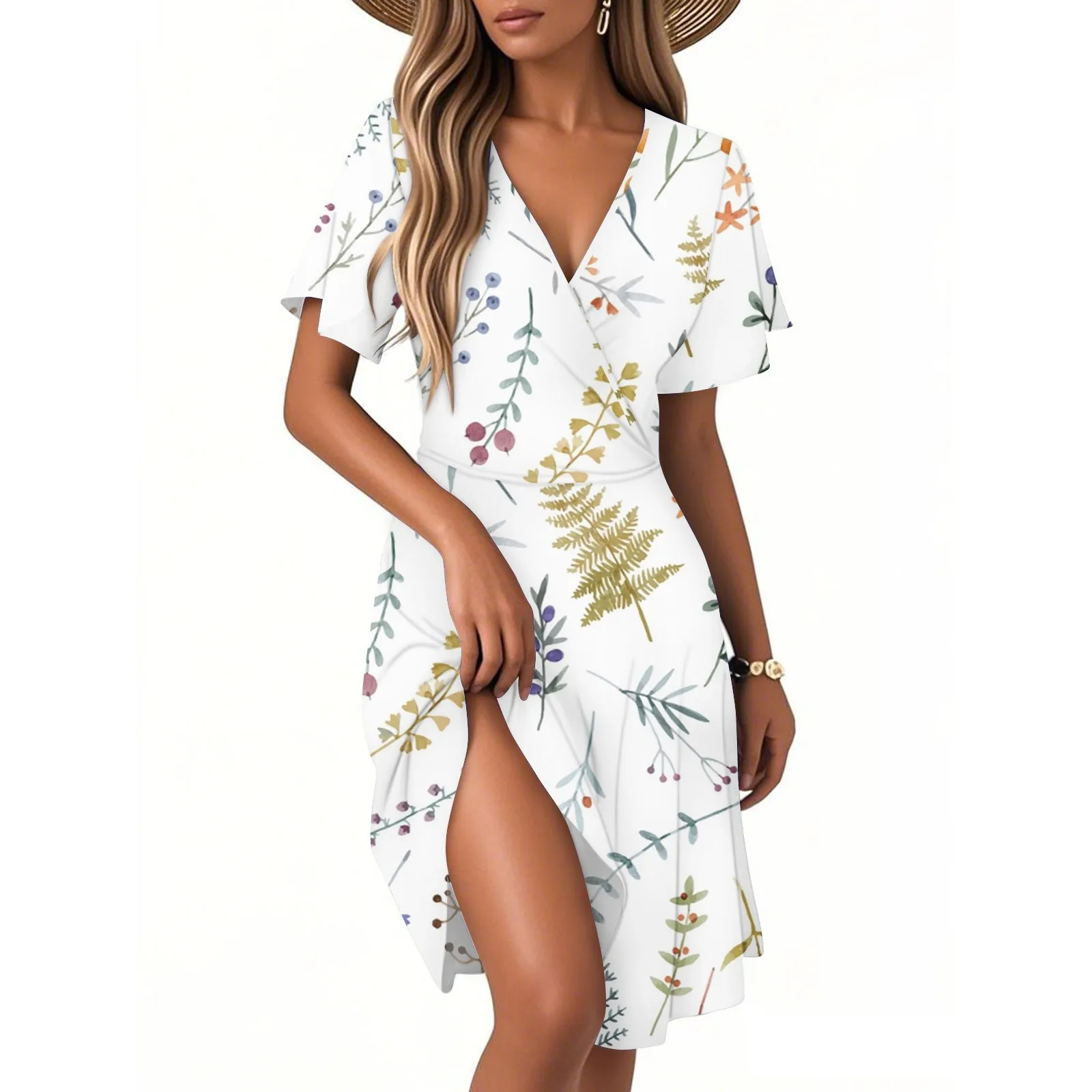 Dames bedrukte bloemen korte mouwen lange jurk V-hals sexy casual losse elegante jurk strand Hawaiiaanse vakantiejurken vrouwelijk
