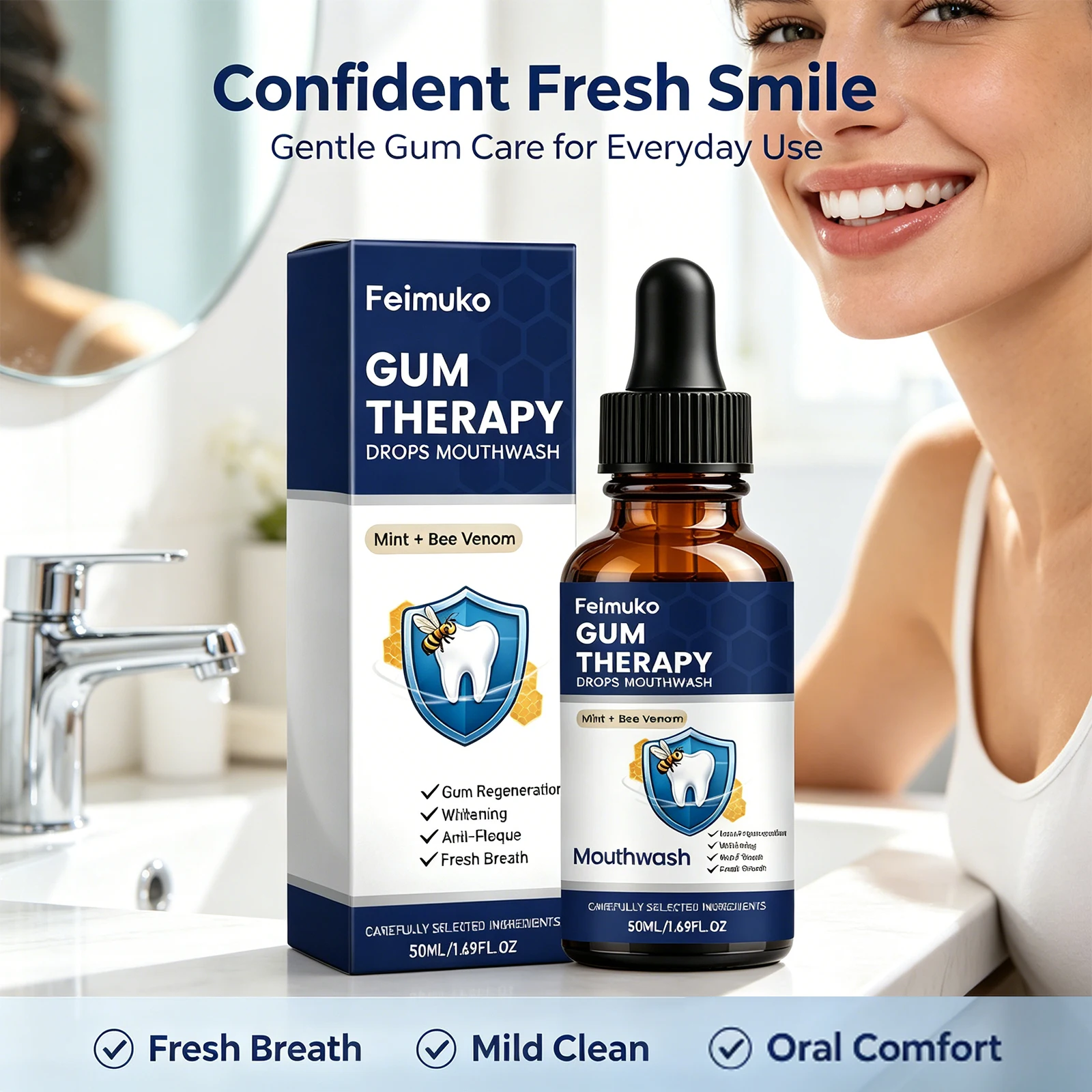 Gotas para Terapia de Encías, Enjuague Bucal con Veneno de Abeja y Menta, Cuidado de las Encías, Antiplaca, Blanqueamiento, Refrescante del Aliento, Enjuague Bucal Diario, Fórmula Suave, 50 ml