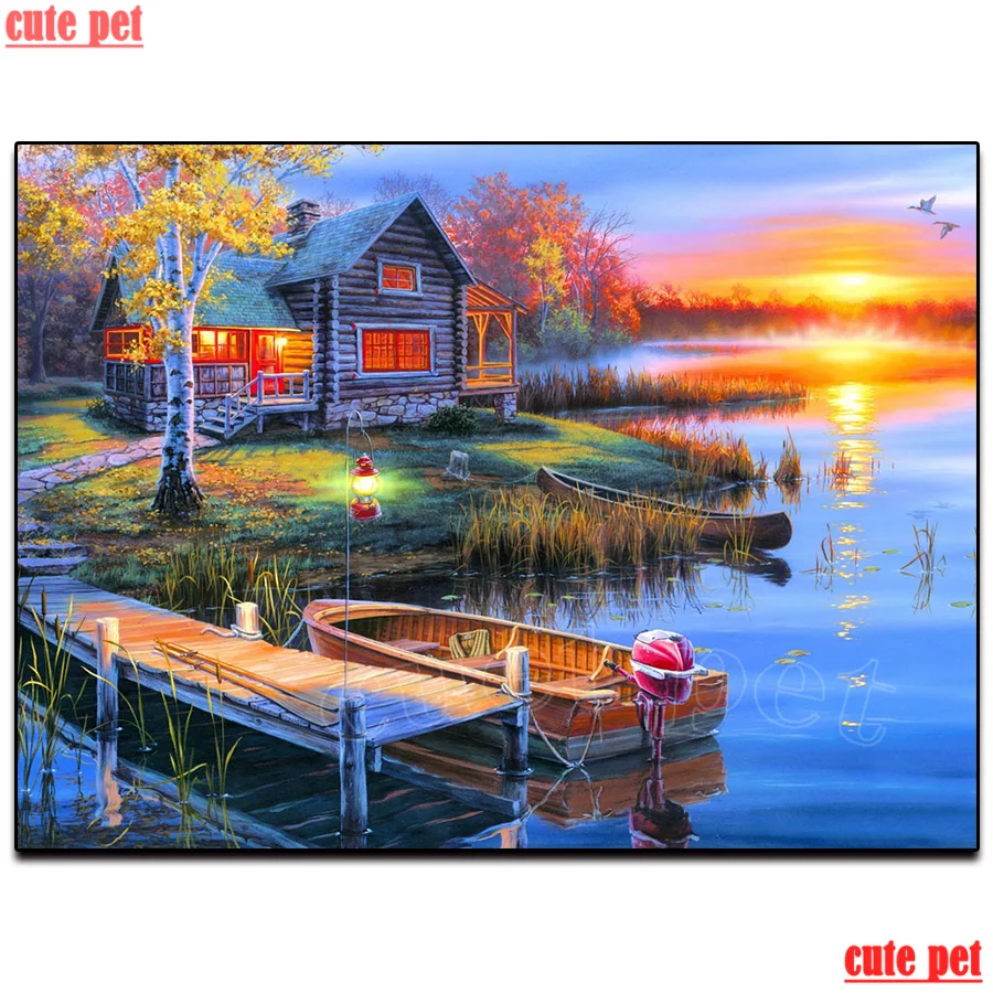 

Diamond Painting Sunset hut river scenery Rhinestone 5D DIY Diamond Embroidery,Cross Stitch,diamond Mosaic Sale decoration salon