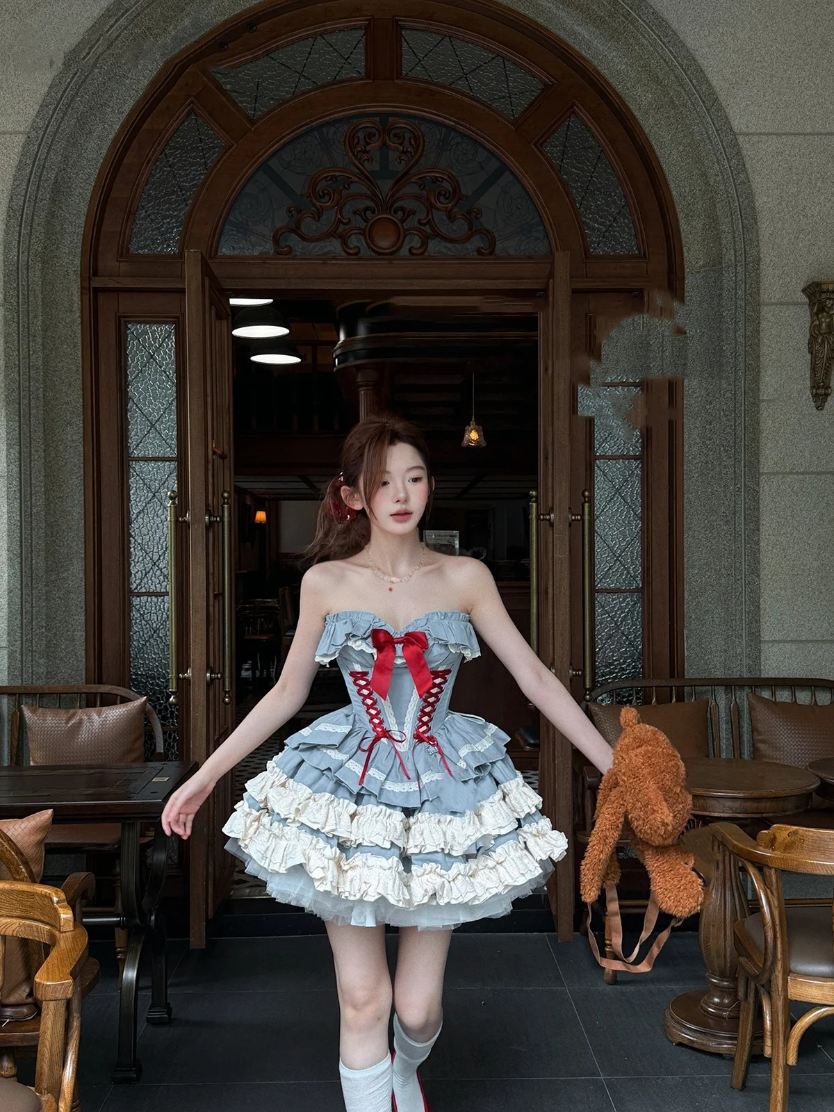 

Sweet Womens Princess Ball Gown Dresses Set Lolita Lace Spliced Lace-up Tube Top Long Sleeve Cape Puffy Cake Skirt 3 Piece Set