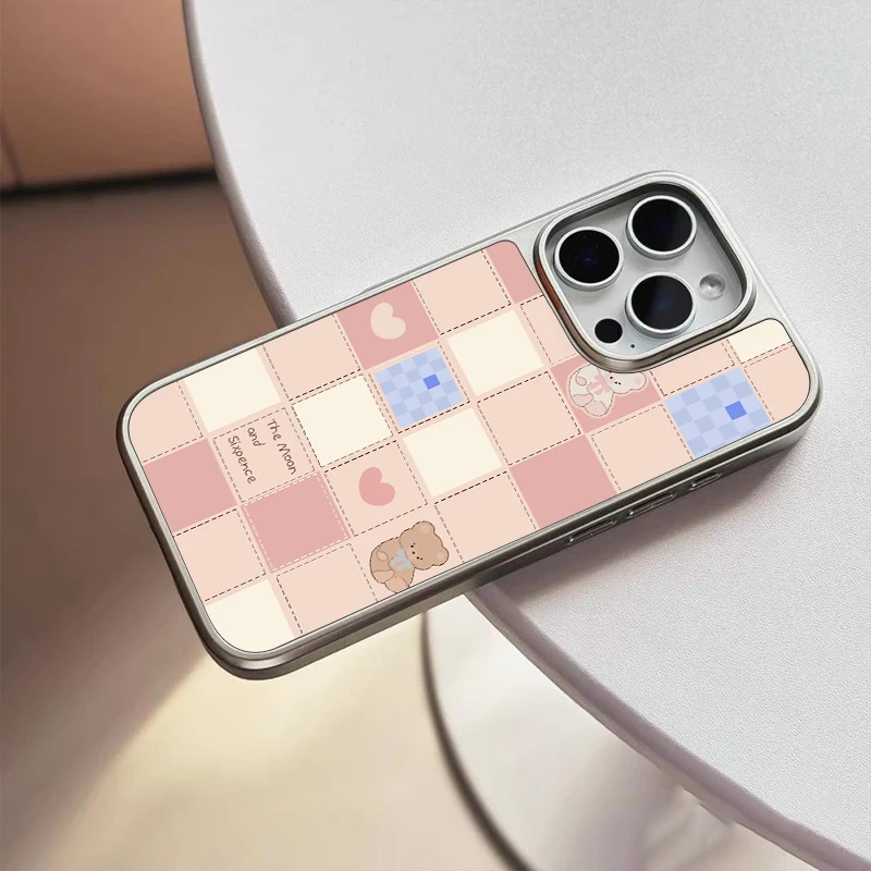 한국 스타일 만화 체크무늬 곰 프로스트 백보드 실버 테두리 충격 방지 폰 케이스 아이폰 17 16 15 14 프로 맥스용
