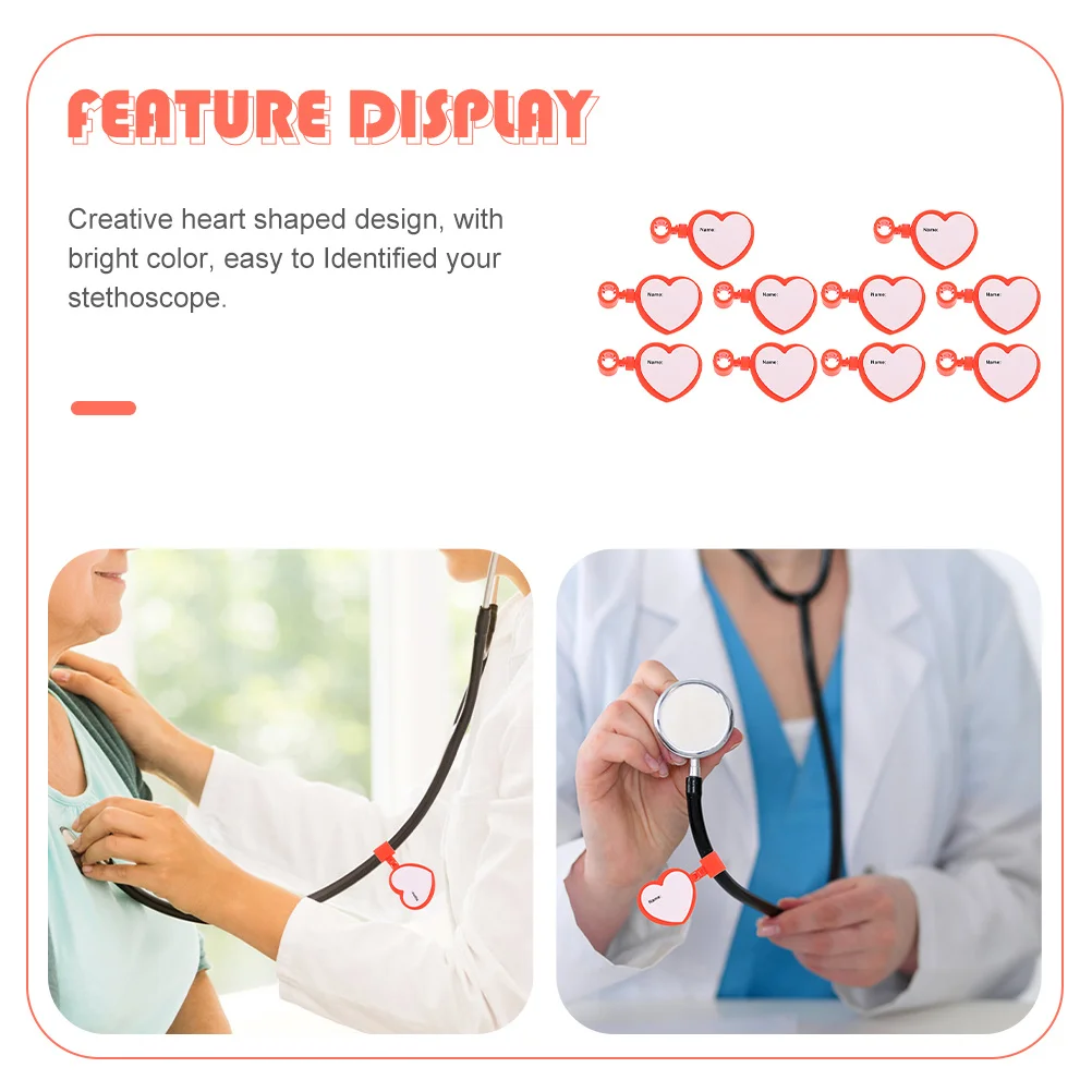 

10 шт., креативные именные бирки для стетоскопа в форме сердца, прочные пластиковые двусторонние записываемые идентификационные маркеры, держатель имени стетоскопа,