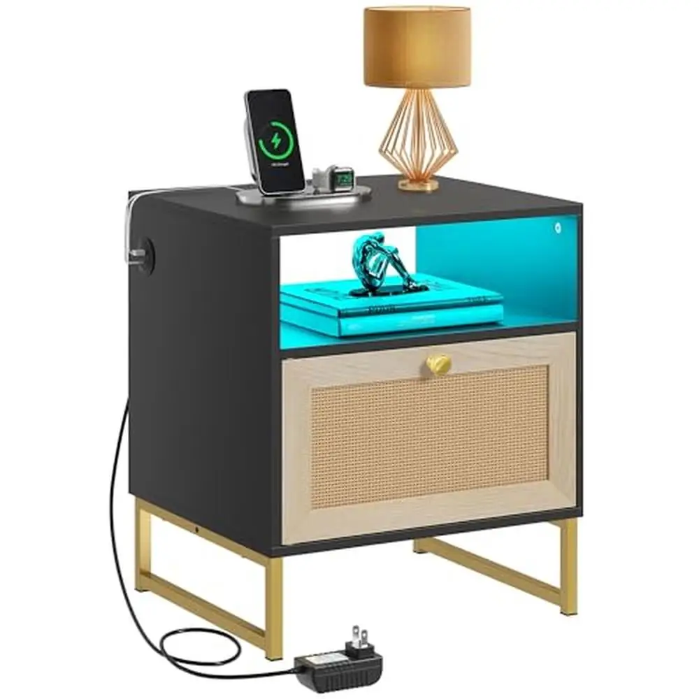 

Charging Nightstand with LED Lights Rattan End Side Table USB Type-C Port 3-Color Lights Multi-Space Storage Durable P2 Particle