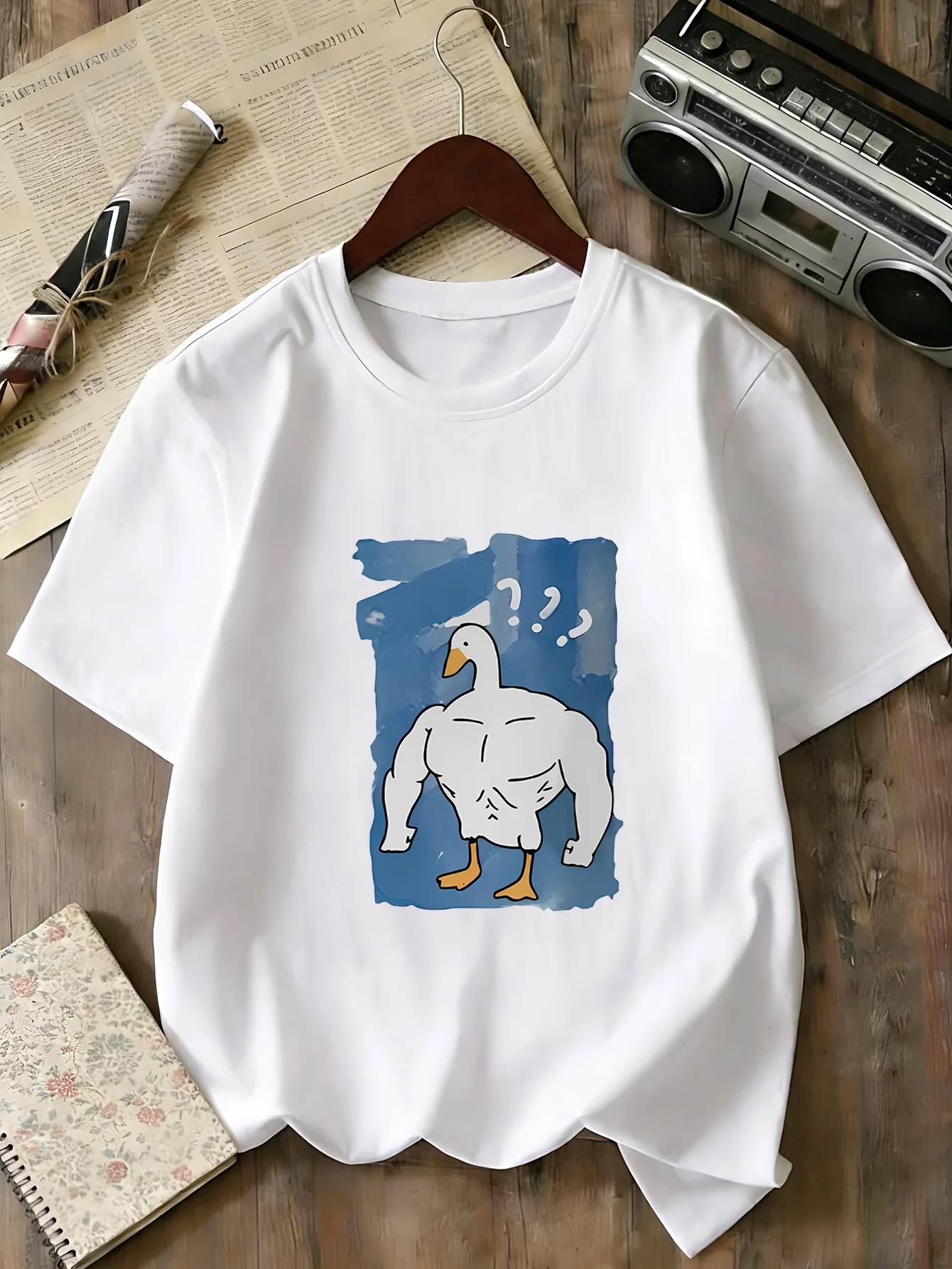 Boys Girls Family Matching Tee Humorous Muscle Goose Blue Background Print Short Sleeve Soft Cotton Kids Daily Outdoor Outfit