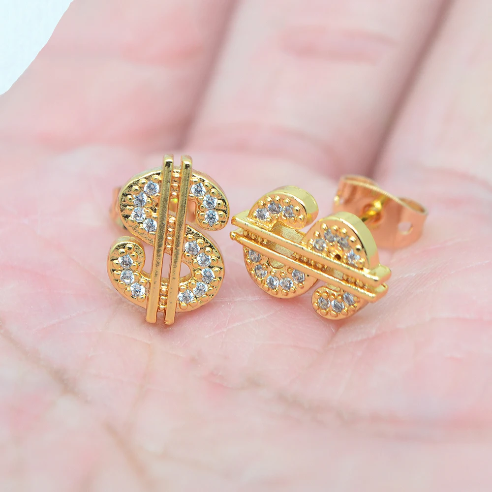 Fashion Gold Color Clear Cubic Zirconia CZ Sparkling Dollar Sign Stud Earrings Jewelry