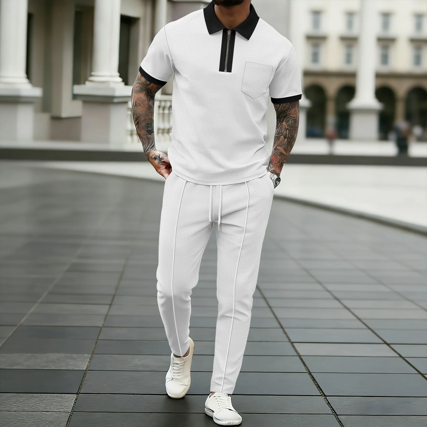 

New men's casual polo set - short-sleeved zipper-neck T-shirt and fitted sports pants, a comfortable and breathable sports outfi