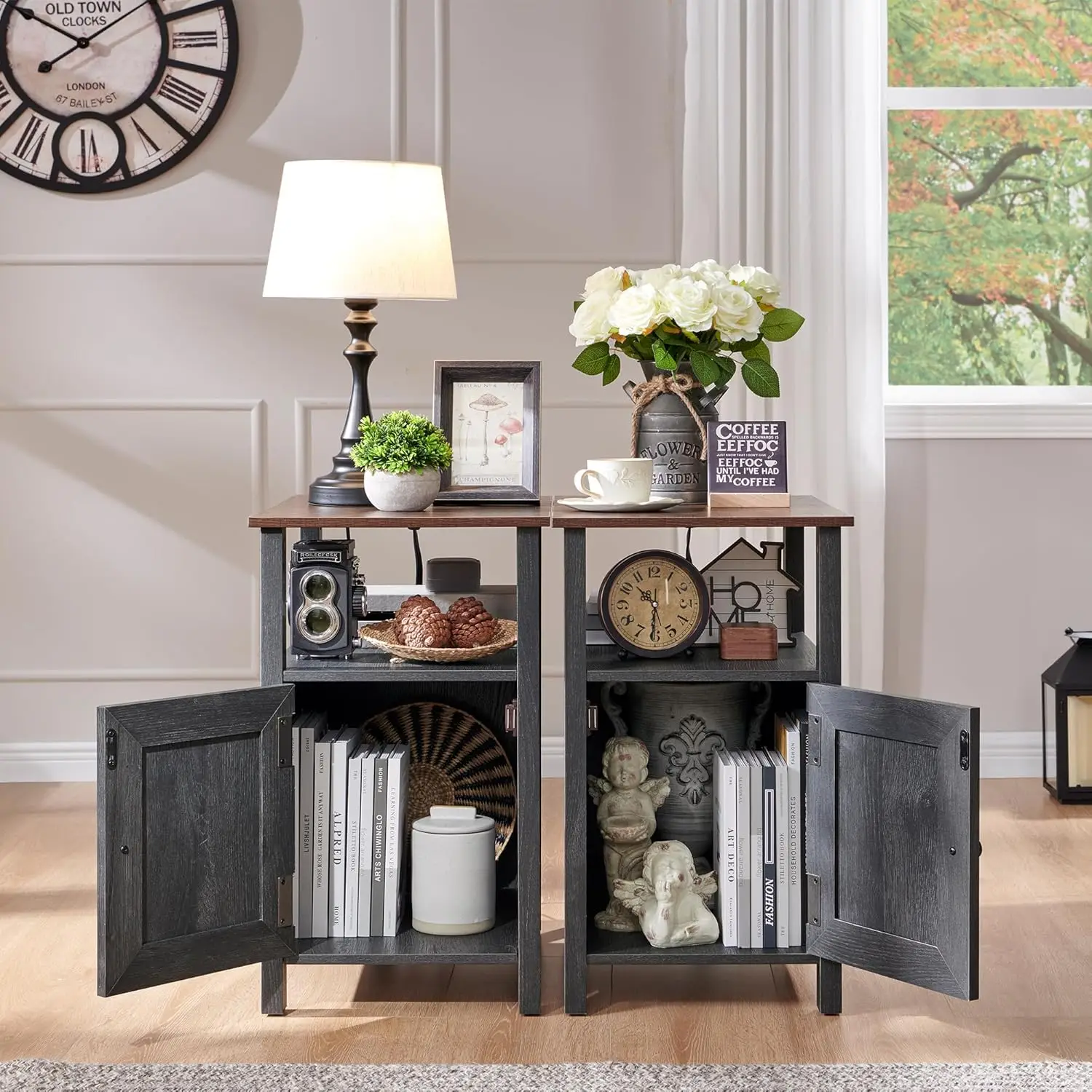 Farmhouse Nightstand Set of 2, Rustic Side Table with Charging Station, Barn Door & Open Shelves, Dark Grey