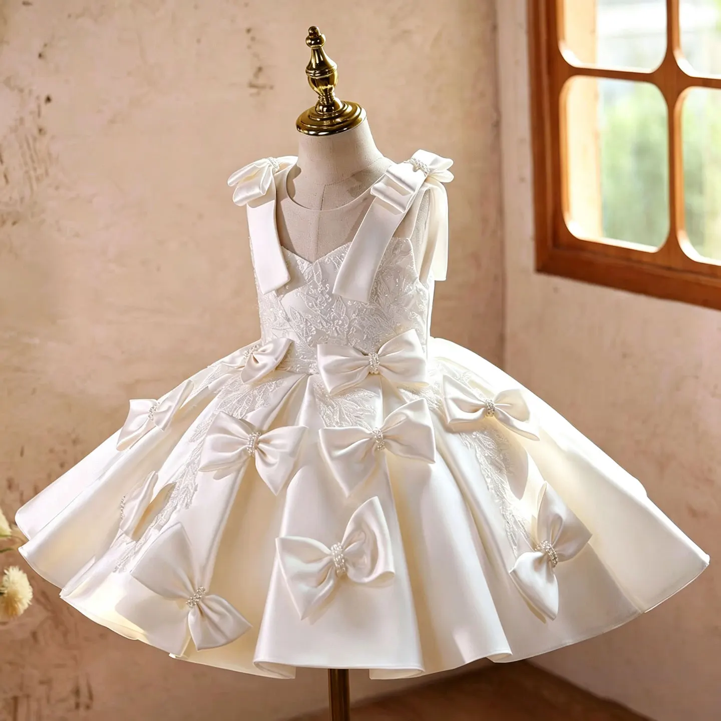 KFLGD Luxurious and elegant girls' satin bow dress for girls wedding flower girl costume V-neck toddler beauty pageant dress