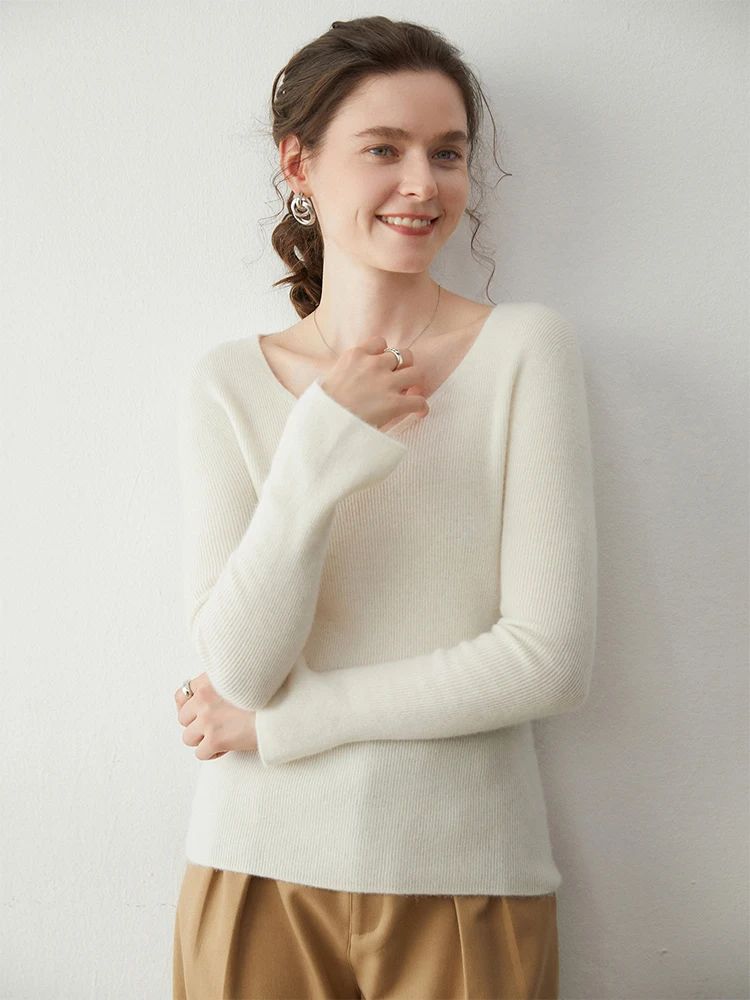 

New Chic Woman Basics Sweater Autumn Winter 100% Cashmere Knitwear V-Neck Slim Fit Pullover Solid Color Clothing Wear inside Top