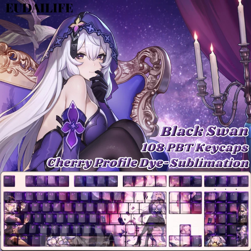 

Black Swan 108 Keycap Honkai Star Rail PBT DYE Sublimation Light Transmitting Cherry Switch Cross Key Cover Mechanical Keyboard