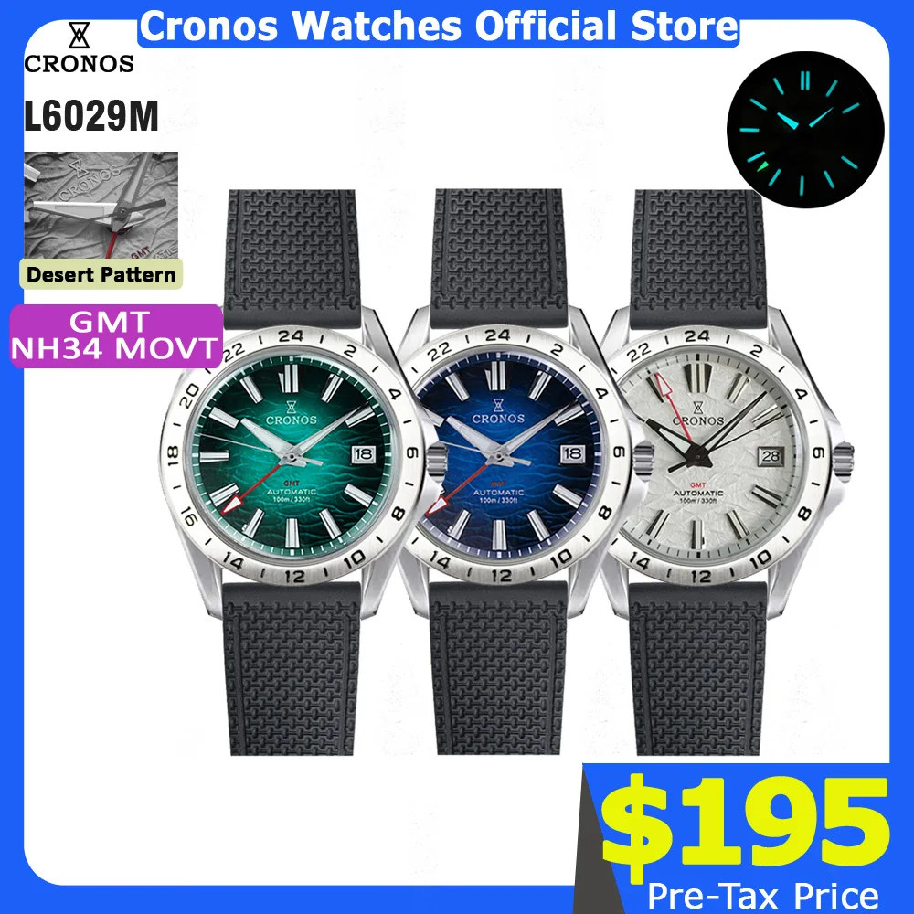 クロノス GS メカニカル メンズ ウォッチ 39mm デザート パターン GMT NH34 自動巻き バブル サファイア ガラス ラバー バンド 10ATM