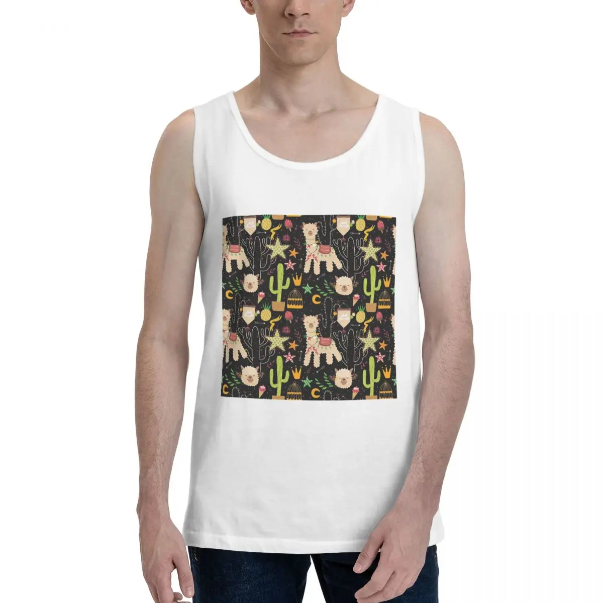 Cute Cactus Alpaca Pattern 100% Cotton Men's Sweatshirt Vest Sleeveless Clothing Tees Men Tank Tops T-shirt