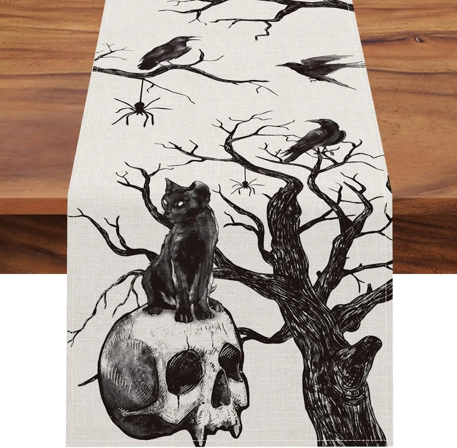 Halloween Gothic Skull Black Cat Crows Linen Table Runner Party Decor Reusable Kitchen Dining Table Runner Halloween Decorations