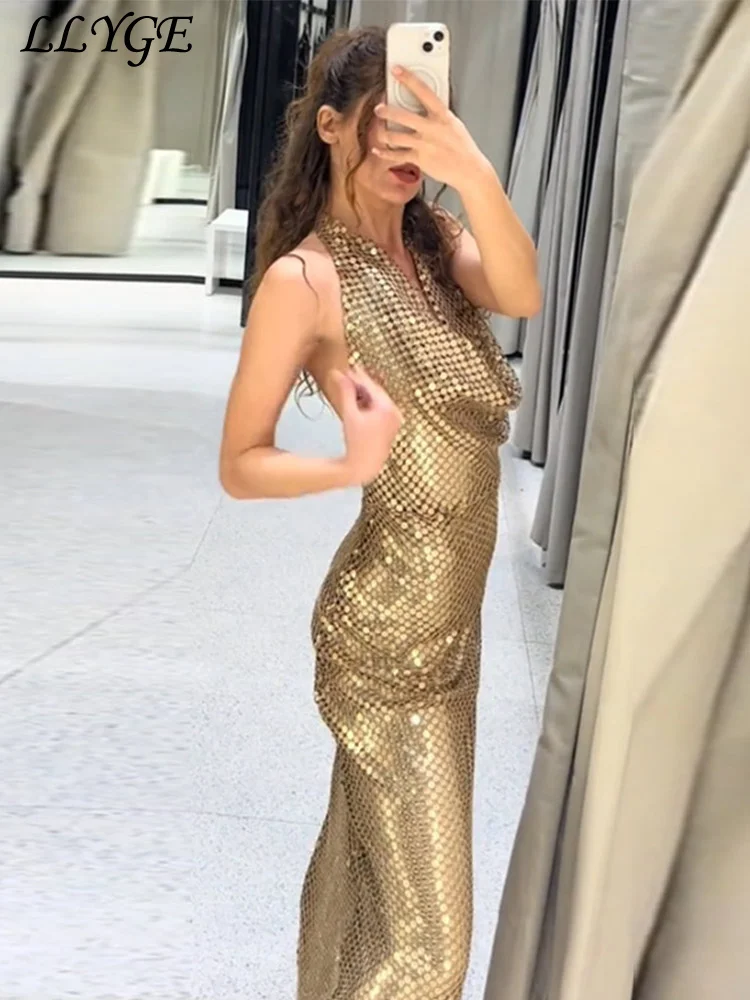 Sexy Sequin Hang Neck Long Party Dress Women Elegant Backless Sleeveless Hip Package Female Dresses 2024 Lady Shiny Evening Gown