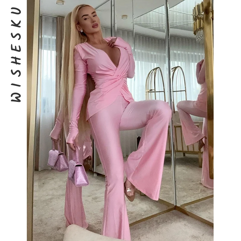 

Two Piece Set Women Satin Outfits Sexy V Neck Long Sleeve Cross Ruched Crop Top+High Waist Flare Pants 2025 Fall Y2K Clothes