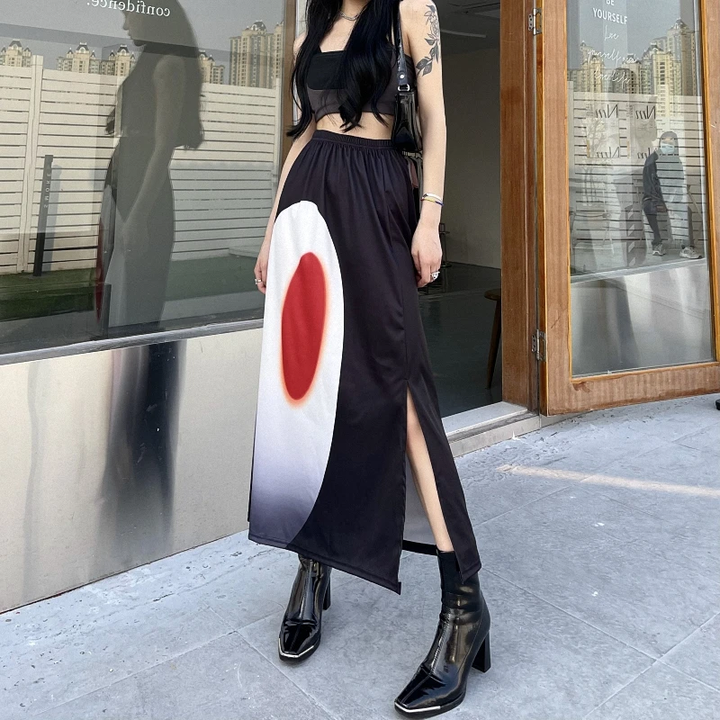 High Split Maxi Long Black Skirt Elastic Waist Midi Skirts Harajuku Gothic Japanese Letter Grunge Punk y2k Street hippie vintage