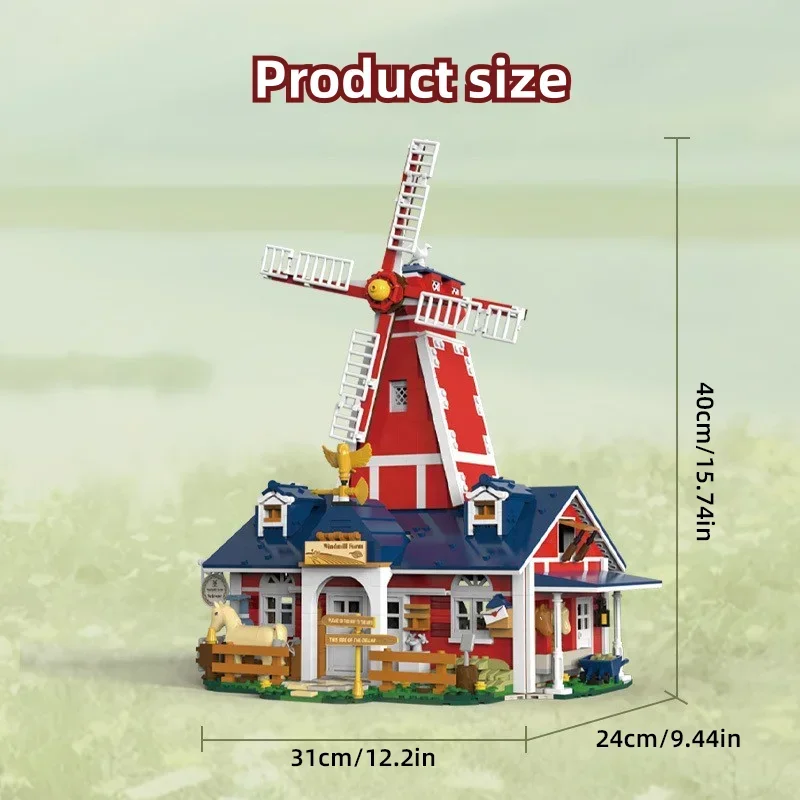 Windmill Farm Building Blocks 1810PCS Garage Stable Hut Model with USB Light Creative Play Toy Holiday Gift for Kids Adults