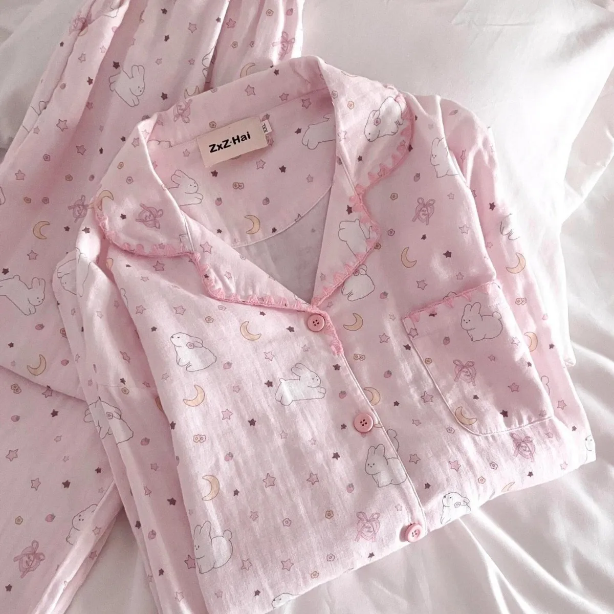

Pink Rabbit Floral Sleepwear Girls Sweet Princess Style Home Clothes Spring Student Long Sleeve Pants Loungewear Pajamas Set