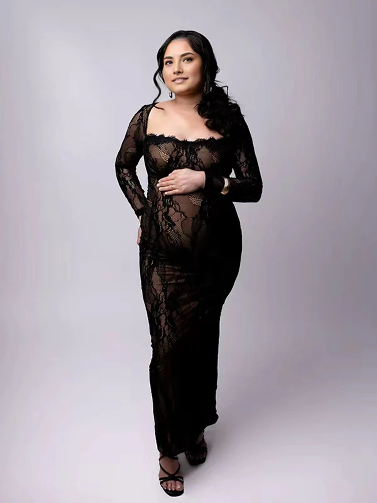 Lace Maternity Photoshoot Dress Long Sleeve See Through Maxi Gown Elegant Pregnancy Outfit Baby Shower Gender Reveal Wear