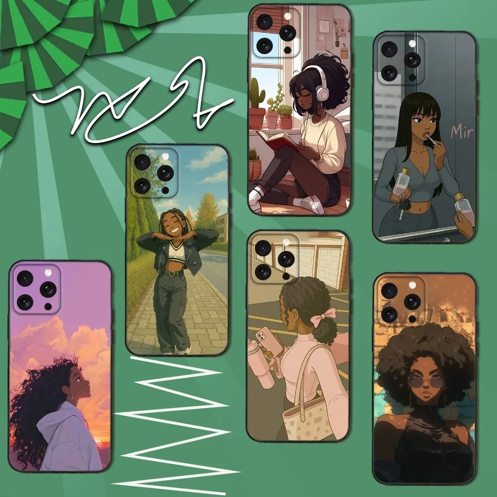 

Afro Black Girl Phone Case For iPhone 16e,16,15,14,13,12,11,Pro,X,XS,Max,XR,Plus,Mini Soft Black Cover