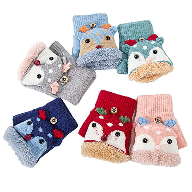 4-12 Years Kids Winter Flip Gloves Knitted Half Finger Mittens with Cartoon Christmas Deer Plush Thick Warm Glove for Boys Girls