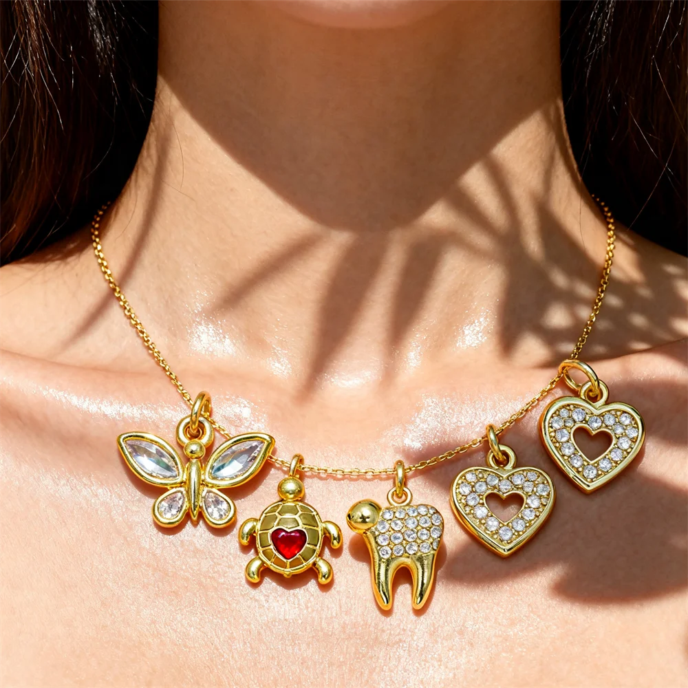 

3Pcs Sparkling Pendant Brass Cubic Zircon Heart Butterfly Turtle Tooth Charm DIY Jewelry Necklace Bracelet Making Accessories