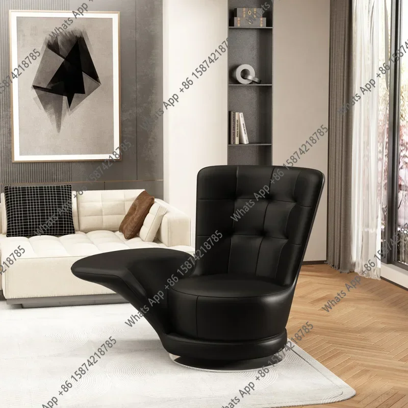 Sillón Giratorio de Cuero D-Sm para Sala de Estar, Silla Giratoria Negra Moderna de Gran Tamaño, Mecedora de Lujo Nórdica para Adultos, Muebles para el Hogar