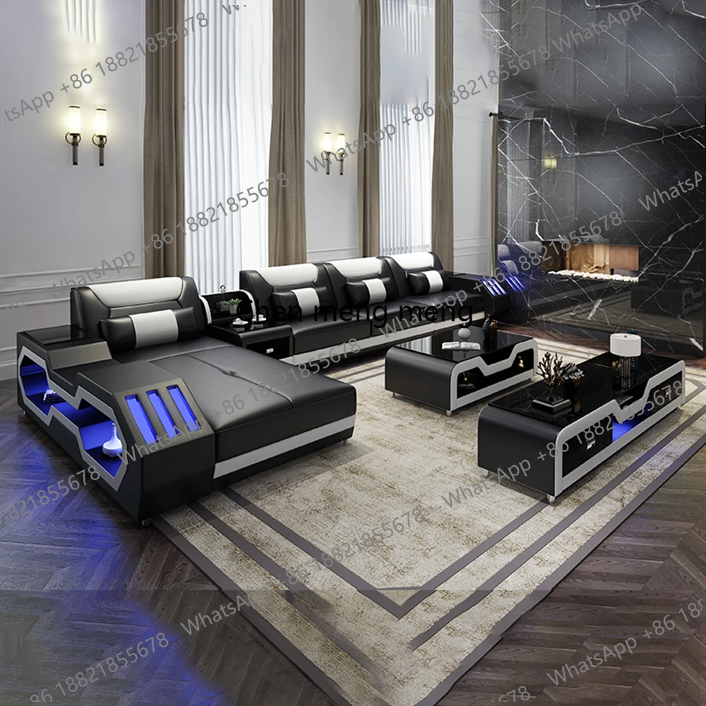 

Modern LED Lighted Sofa Set with Recliner, Adjustable Headrest & Console | Luxury Leather Sectional Couch | Futuristic Furniture