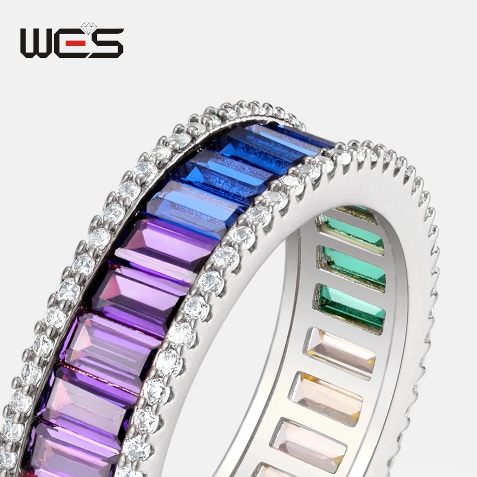 WES 925 Sterling Silver Rings for Women Rainbow Crystal Colorful Zicron 2*4mm Birthday Gift Fine Jewelry Anniversary Fashion